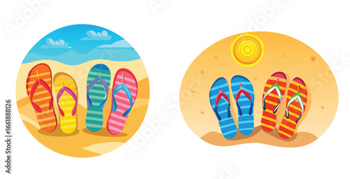 Stylish flip flops and sandals arranged on sandy beach vector art design illustration
