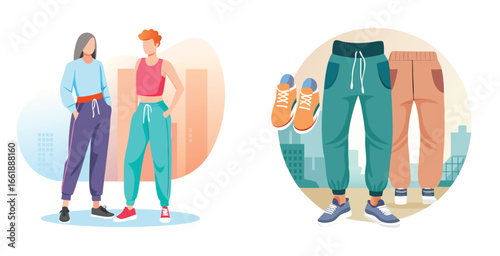 Stylish joggers and sweatpants worn by diverse models vector art design illustration