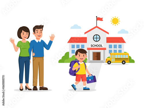 School bound boy and caring parents: A young student walks happily towards his school as his supportive parent wave at him, creating a heartwarming scene of education and family support. 