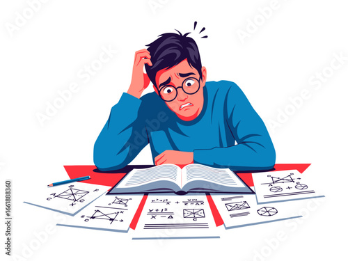 Stressed Student with Difficult Homework: A student struggling with complex equations and problems in front of an open book. Capturing the difficulty. 