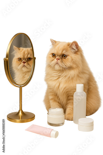 Persian Cat Vanity Table with Skincare – Elegant Persian Cat Vanity Scene for Beauty Concepts.. PNG die-cut for Pet Spa & Self-Care Art. Isolated on transparent background.