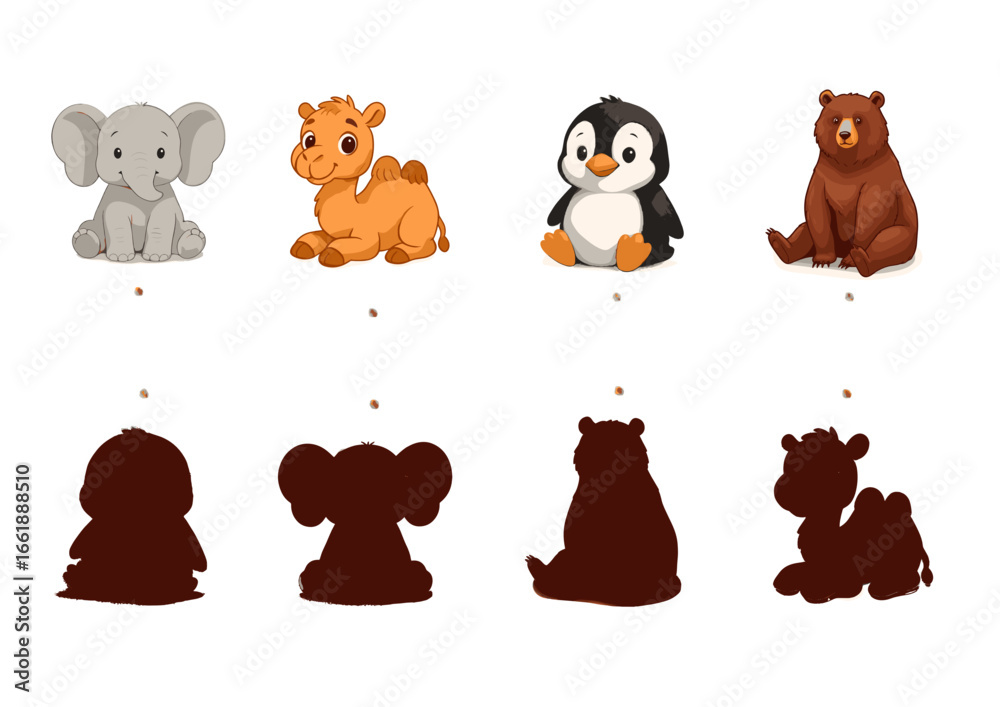Fototapeta premium Cute animal cartoon characters with silhouettes on white background 