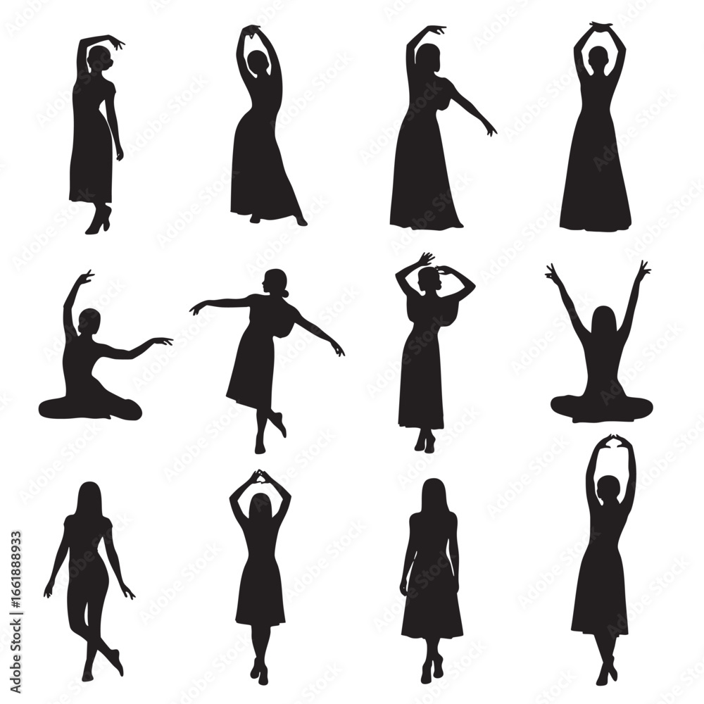 Obraz premium Collection of twelve black silhouettes of women in elegant dresses in various graceful poses