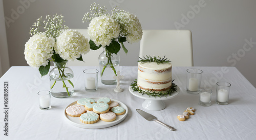 Baptism celebration table with cake, cookies, flowers, and religious decorations, elegant minimal festive setting, refined ceremony dessert table, realistic charming atmosphere