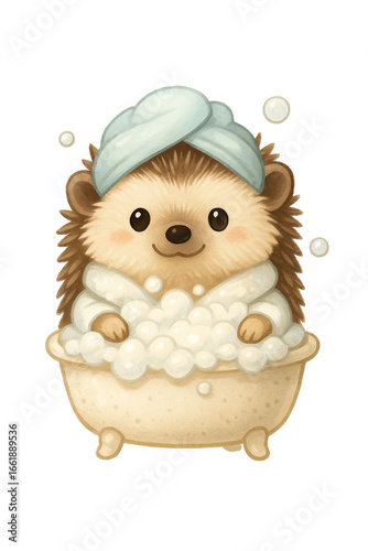 Cute Hedgehog Bath with Bubbles and Spa Cap – Whimsical Cute Hedgehog Bath in Cartoon Style. PNG die-cut for Pet Wellness and Self-Care Projects. Isolated on transparent background.