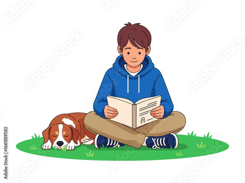 Boy Reading with Dog: A young boy finds tranquility reading a book in a sunlit meadow with his dog nestled beside him, a testament to the simple joys of friendship.