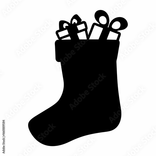 Black silhouette of Christmas stocking filled with gifts on white background