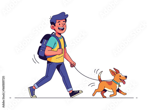 A Day with A Pet: A boy and his cheerful dog, enjoying a beautiful walk together in a bright environment. Their joyful expressions create a warm feeling.