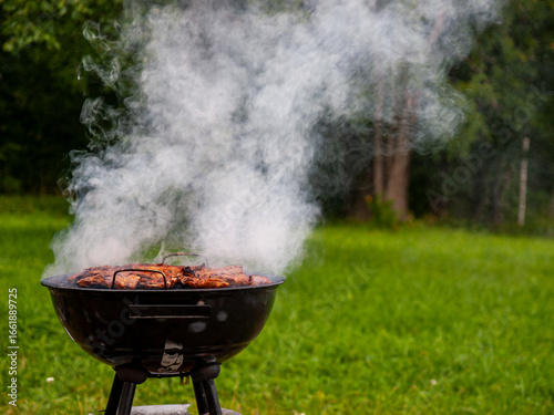 Smoky charcoal grill with meat cooking outdoors on a green lawn, summer barbecue in the backyard.