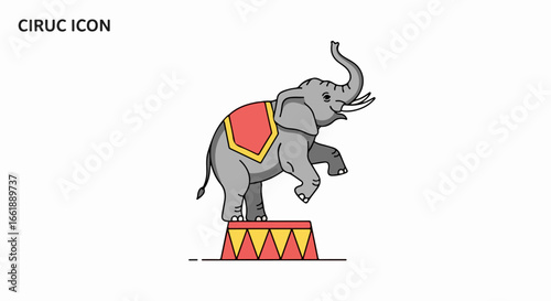 Circus Elephant Performing Trick on Pedestal, Trunk Up, Wearing Red Blanket.