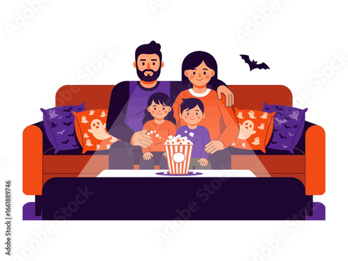 Family Movie Night: A cozy family snuggled together on a couch, engrossed in a film. Popcorn adds to the cinematic experience. A perfect portrait of home entertainment.