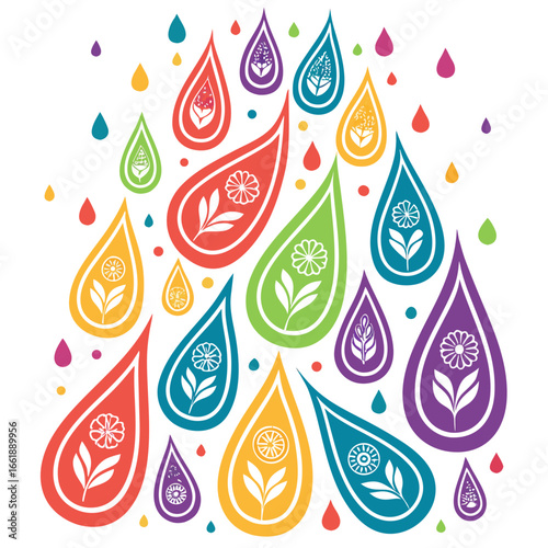 Vector art of colorful paisley teardrop shapes with floral motifs