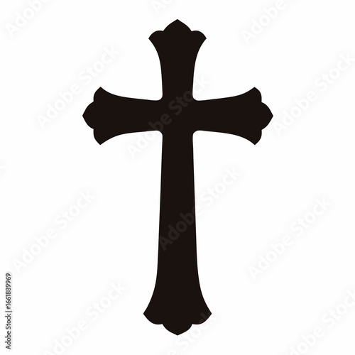 Silhouette of an ornate Christian cross with decorative features on a white background