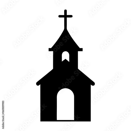 Minimalist black silhouette of a church building with a cross on top