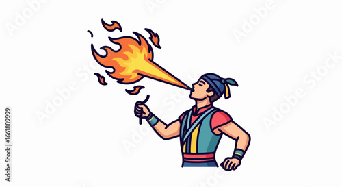 Cuadro en lienzo Dynamic Cartoon Man Fire Breather Performing Fiery Stunt.