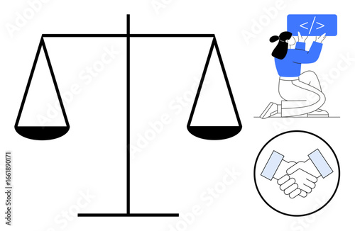 Balancing scale symbolizing equality alongside handshake and a person holding a coding panel, merging themes of balance, teamwork, technology, ethics, justice, innovation, and a simple landing page