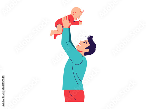 Joyful Elevation: An adorable baby is joyfully elevated skyward by his loving father, creating a touching scene of familial bond and shared happiness.