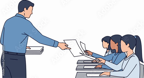 Instructor Distributing Documents to Students in Classroom.