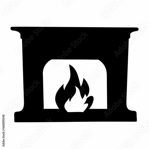 Stylized fireplace with flickering flames in black and white illustration