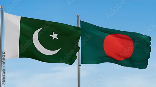 Pakistan and bangladesh flags waving in the sky
