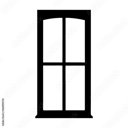 Silhouette of arched top window with muntins creating a four pane design