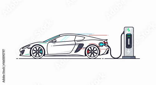 Sleek electric sports car charging at a modern charging station, illustrated in a clean line art style.