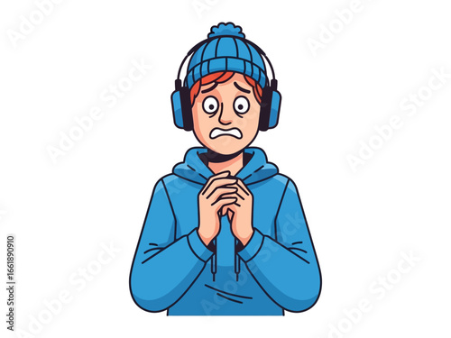 Anxious Man: A person expresses deep fear and apprehension in a cold weather illustration. A visual representation of winter fear and a touch of concern.