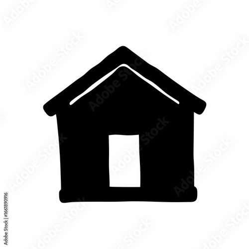 Stylized house silhouette with a simple door, set against a white backdrop