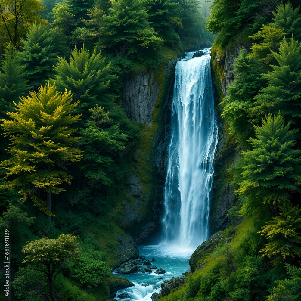 Naklejka premium Glorious waterfalls streaming down high cliffs in a mountainous park of green. JPEG, 8.8MB, 12x12in, 3600x3600px, 300/i