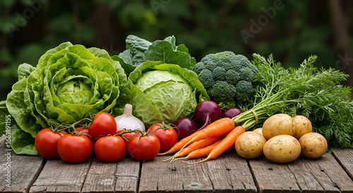 Freshly harvested organic vegetables arranged on a rustic wooden surface against a lush green backdrop.