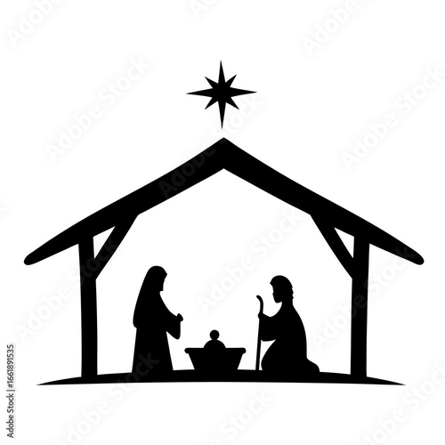 A minimalist Nativity scene, showing the birth of Christ in silhouette