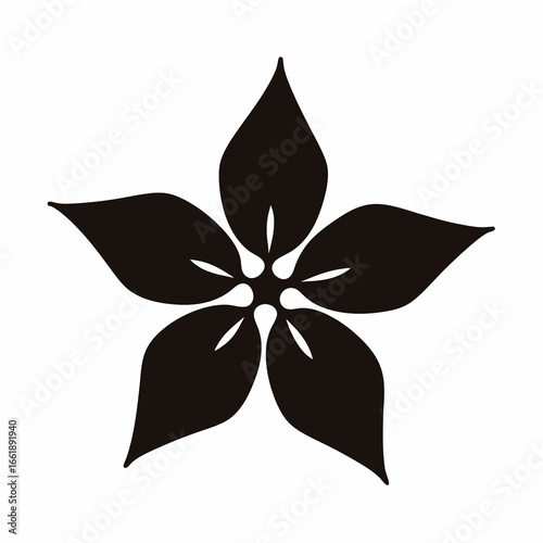 Simple five petal flower, dark black silhouette on a white background