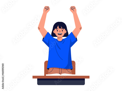 Triumphant Student at Desk: An illustration captures a jubilant student, arms raised in triumphant celebration, seated at a desk.