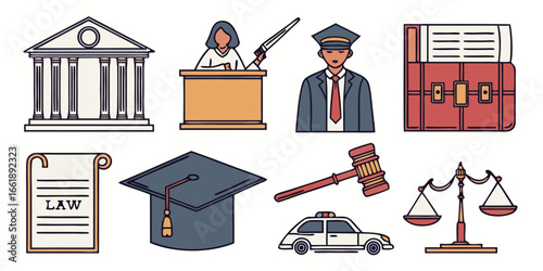 Legal and justice icons representing law, court, and governmental institutions