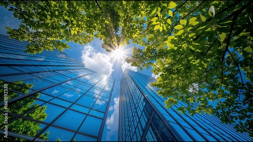 Green Buildings Reaching for the Sky: An awe-inspiring view of modern, environmentally friendly buildings reaching for the sun, surrounded by lush green foliage.