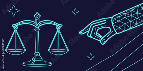 Symbol of justice with scales and pointing hand representing fairness, law