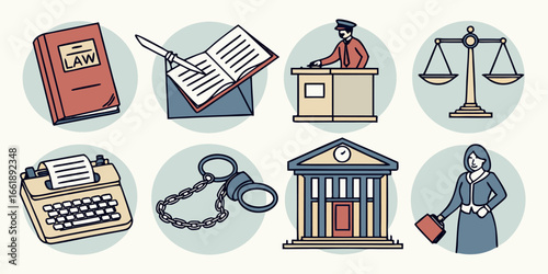 Legal icons and symbols representing law, justice, and court proceedings