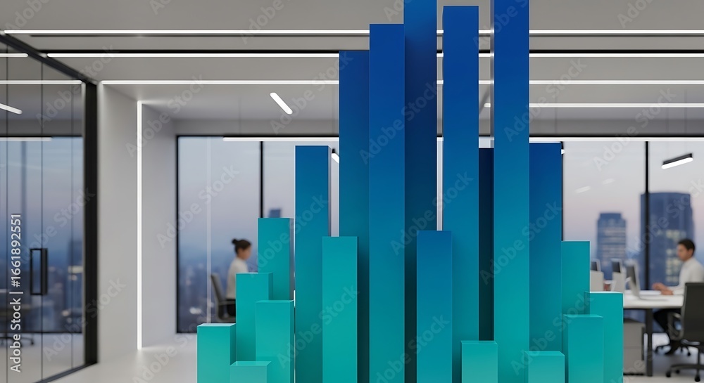 Obraz premium Modern Data Visualization with 3D Vertical Bar Graphs in Corporate Office Environment 