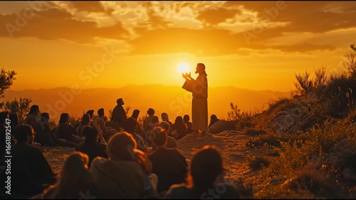 Inspiring Sermon under Golden Hour: A historical and inspiring scene of a preacher delivering a sermon with a gathering audience under a golden sunset.