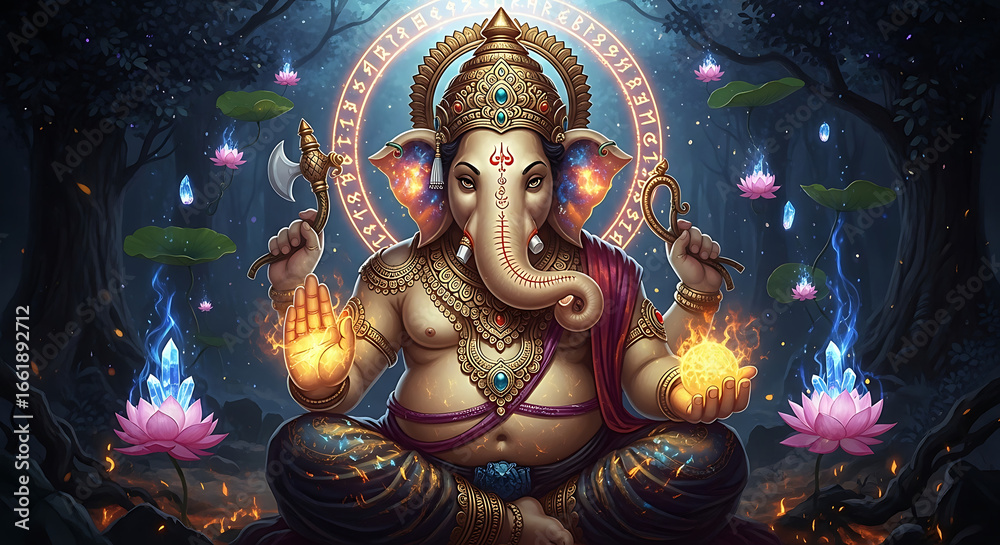 Fototapeta premium Ganesha, the Hindu elephant-headed god, sits in a lotus position with a glowing halo, surrounded by lotus flowers and forest elements.