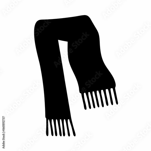 Black silhouette of a warm winter scarf with fringes on white