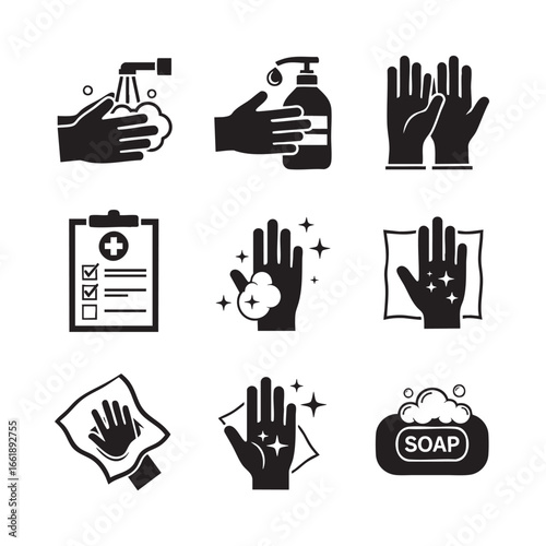 Icons demonstrating hand hygiene practices including washing with soap and water using sanitizer and wiping