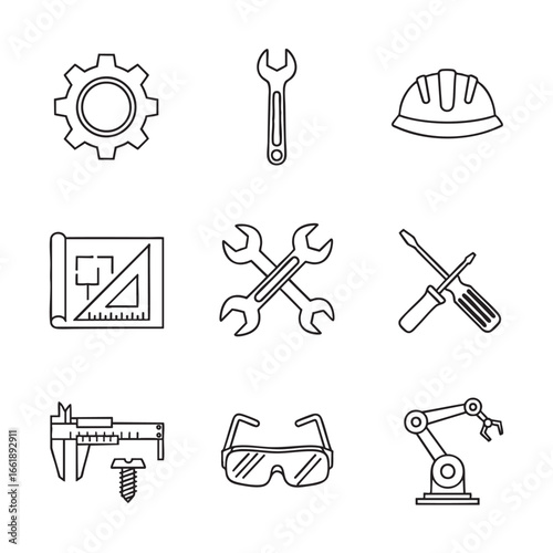 Industrial and engineering tools line art icons including robot arm gear wrench