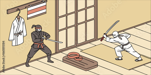 Two ninjas in a dojo sparring with swords