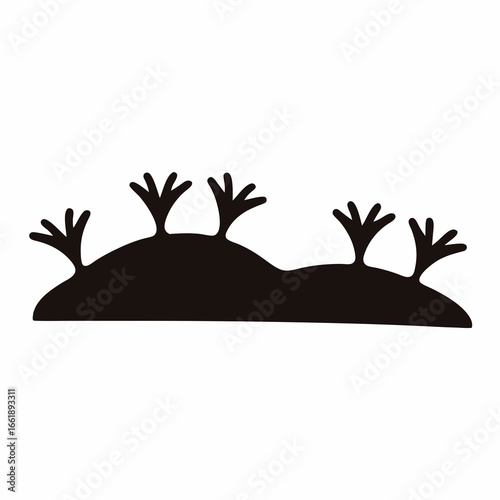 A simple black silhouette of trees growing on the rolling hillside