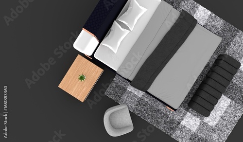 Bedroom bed set, mattress, top view, 3D illustration
