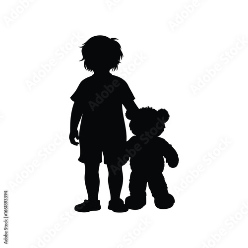 Silhouette of a child holding a teddy bear, a bond of friendship, child with teddy bear silhouette vector illustration