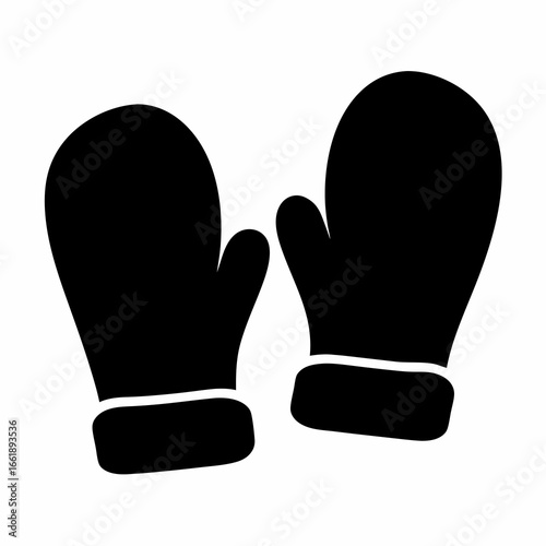 Black and white silhouette image showing a pair of warm winter mittens