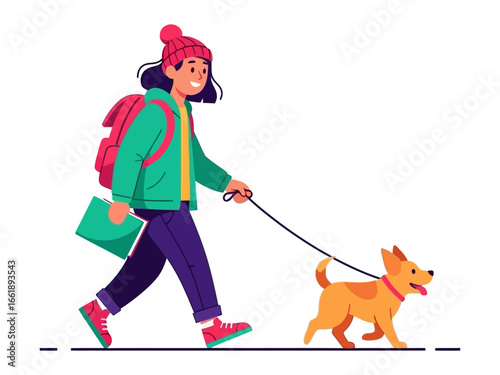 Walking with a Friend: A vibrant illustration shows a young individual walking with their cheerful dog on a sunny day, capturing the essence of companionship.