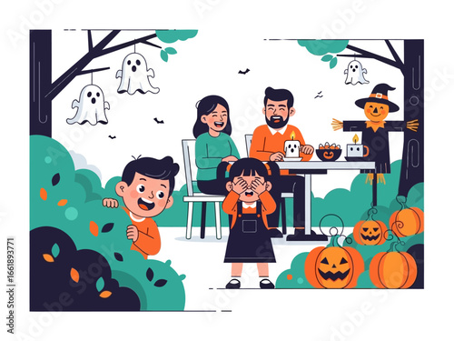 Halloween Family Scene: Capture the festive spirit with a family enjoying a Halloween party, filled with pumpkins, scarecrows, and ghostly decorations.